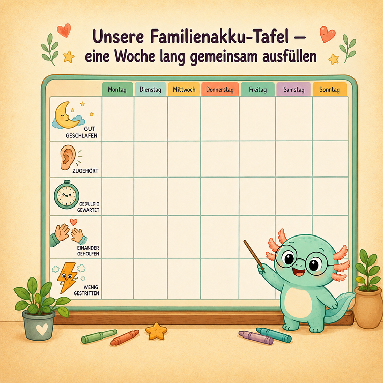 Die herausnehmbare Familienakku-Tafel zum Ausfüllen