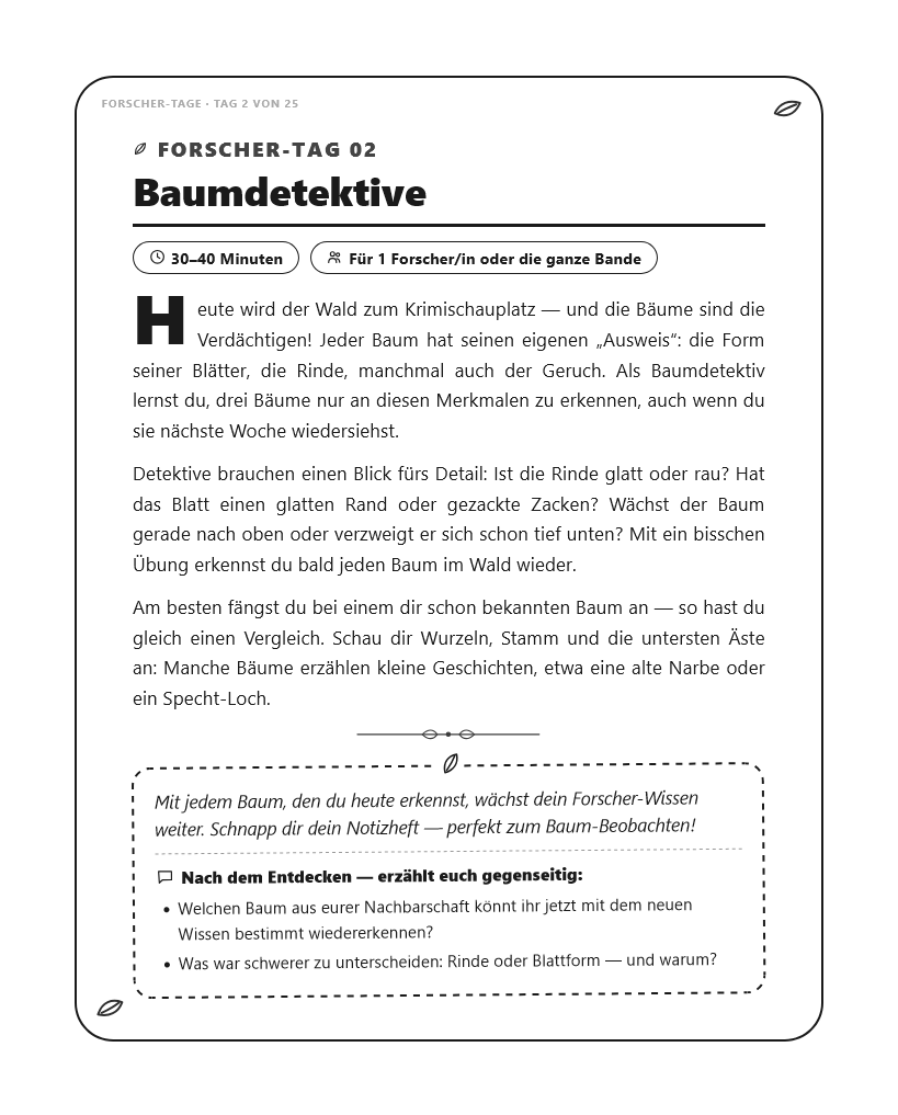 Auftragsseite des Beispieltags Baumdetektive
