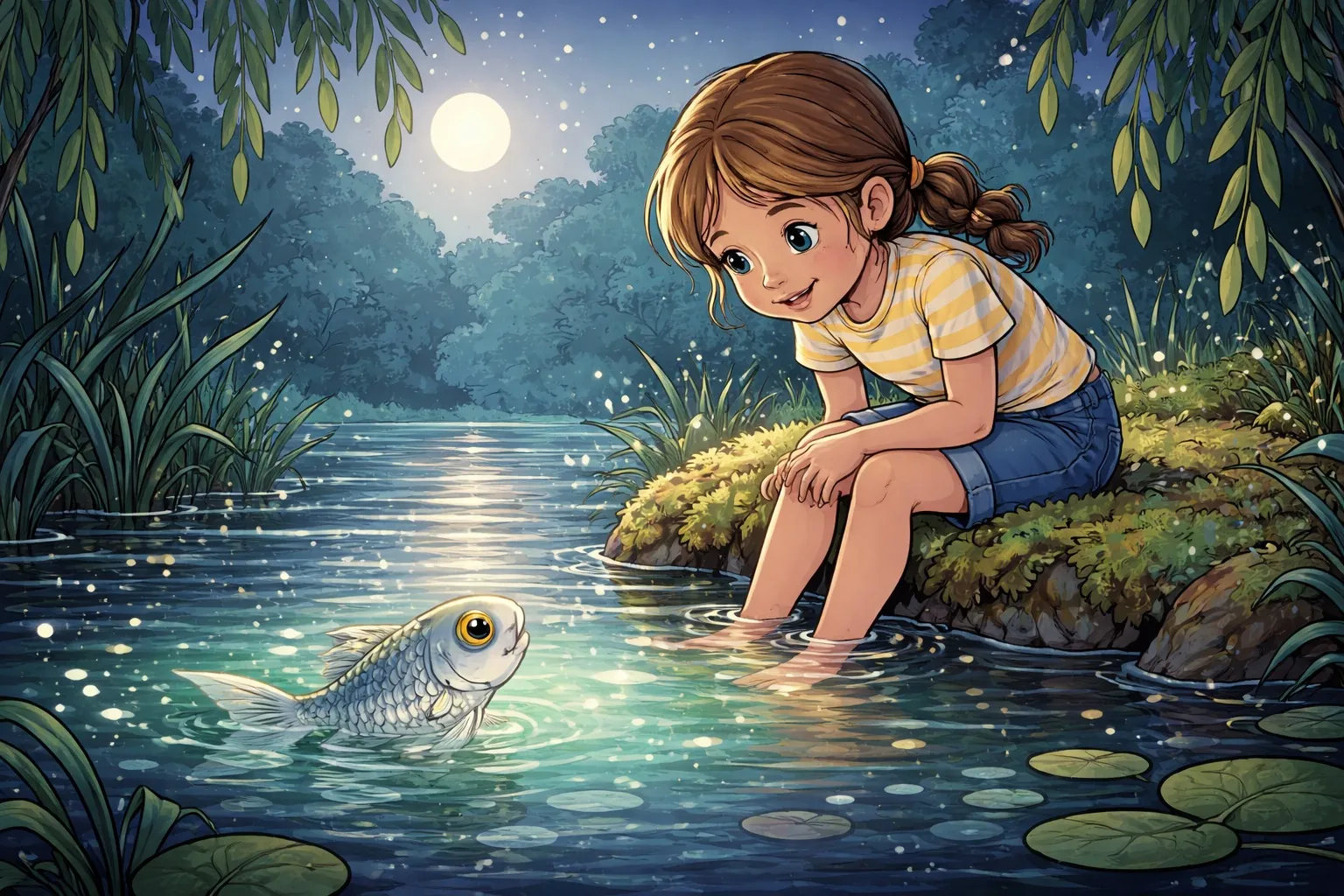 Lena sitzt am Mondlichtteich und spricht mit dem silbernen Fisch Finn