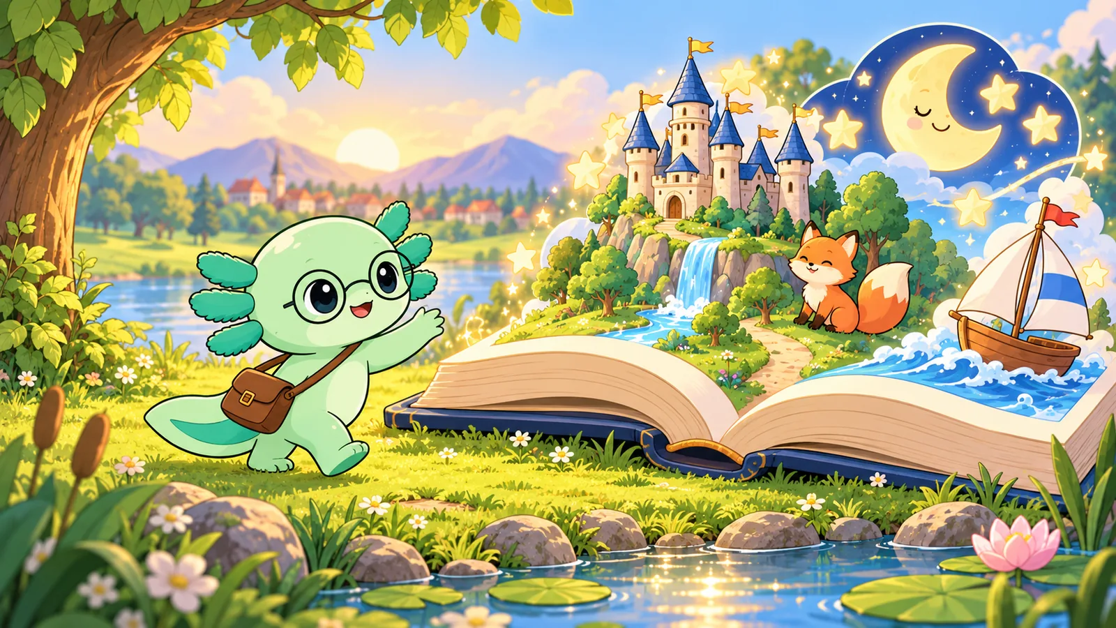 Der Lernolotl läuft über eine Wiese zu einem großen offenen Märchenbuch, aus dem ein Schloss, ein Fuchs, ein Segelboot und ein lächelnder Mond aufsteigen